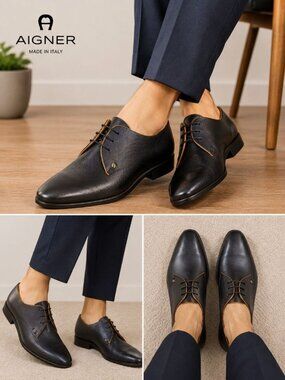 Aigner Mens Black Leather Derby Lace-Up Dress Shoes Sleek Design Size 43